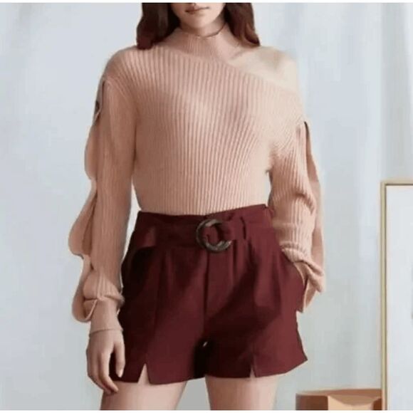 NEW! N12H Gigi Sweater Dusty Rose Mock Neck Shoulder Cut Out Rib Knit Size XS - Picture 2 of 12